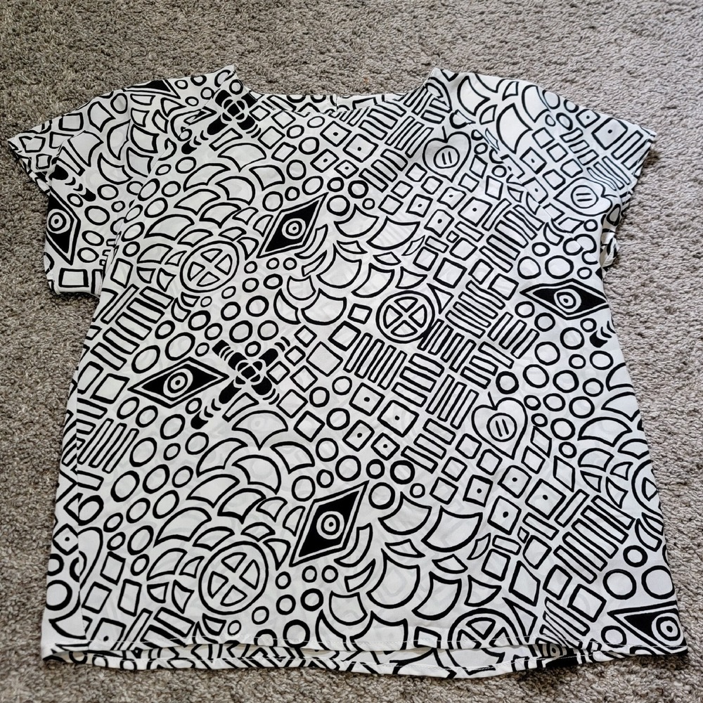 Vintage Medium Impressions California Black‎ White Top Blouse Evil Eye Peace USA